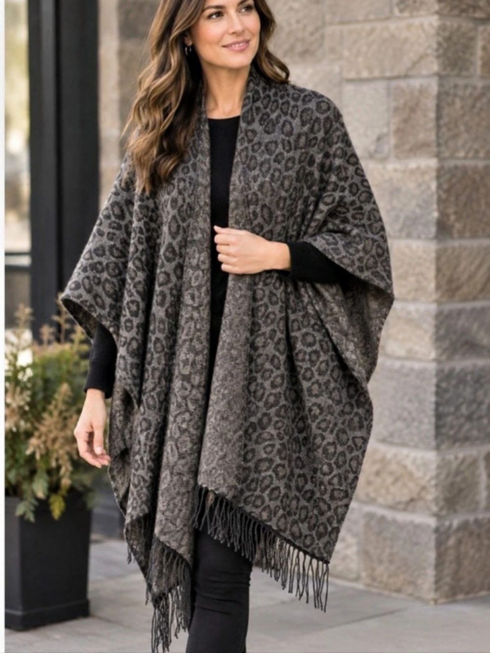 Woolrich Animal Print Fringe Wrap in Gray & Black Like New